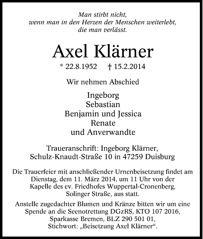 Traueranzeige für Axel Klärner vom 05.03.2014 aus Tageszeitung