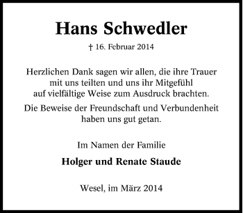Traueranzeige von Hans Schwedler von Tageszeitung