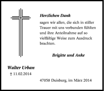 Traueranzeige von Walter Urban von Tageszeitung