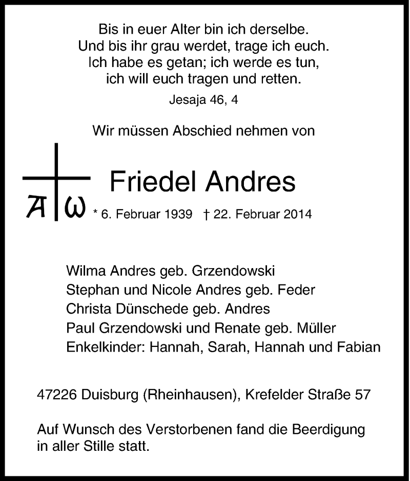  Traueranzeige für Friedel Andres vom 07.03.2014 aus Tageszeitung