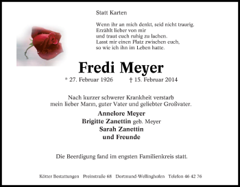 Traueranzeige von Fredi Meyer von Tageszeitung