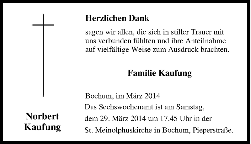  Traueranzeige für Norbert Kaufung vom 15.03.2014 aus Tageszeitung