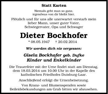 Traueranzeige von Dieter Bockhofer von Tageszeitung