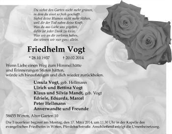 Traueranzeige von Friedhelm Vogt von Tageszeitung