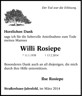 Traueranzeige von Willi Rosiepe von Tageszeitung
