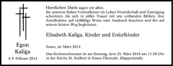 Traueranzeige von Egon Kaliga von Tageszeitung