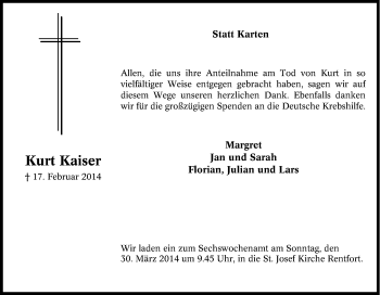 Traueranzeige von Kurt Kaiser von Tageszeitung