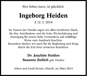 Traueranzeige von Ingeborg Heiden von Tageszeitung