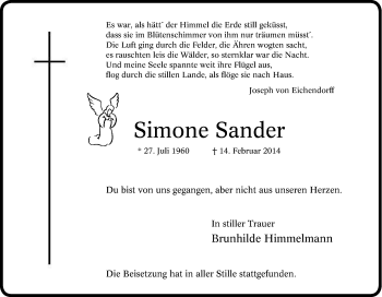 Traueranzeige von Simone Sander von Tageszeitung