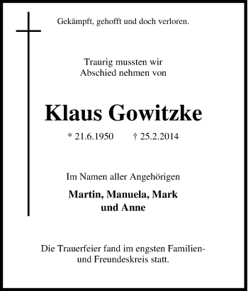 Traueranzeige von Klaus Gowitzke von Tageszeitung