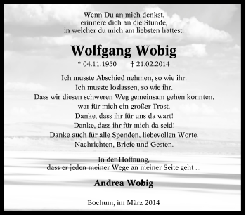 Traueranzeige von Wolfgang Wobig von Tageszeitung