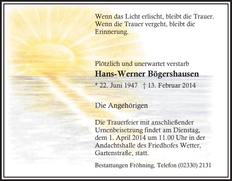  Traueranzeige für Hans-Werner Bögershausen vom 29.03.2014 aus Tageszeitung