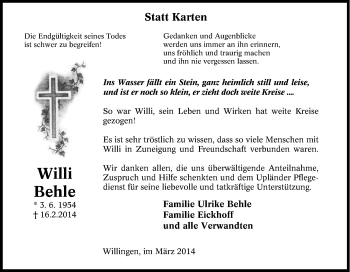 Traueranzeige von Willi Behle von Tageszeitung