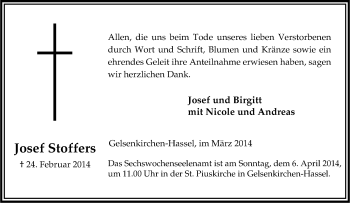 Traueranzeige von Josef Stoffers von Tageszeitung