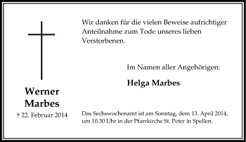 Traueranzeige von Werner Marbes von Tageszeitung