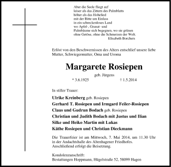 Traueranzeige von Margarete Rosiepen von Tageszeitung