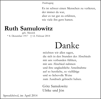 Traueranzeige von Ruth Samuowitz von Tageszeitung