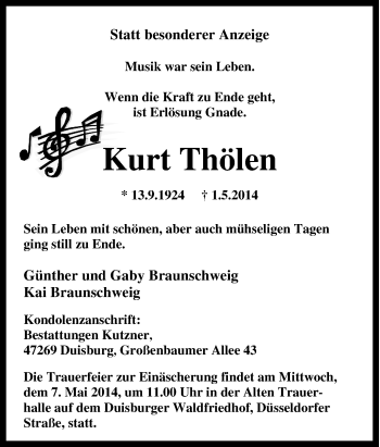 Traueranzeige von Kurt Thölen von Tageszeitung