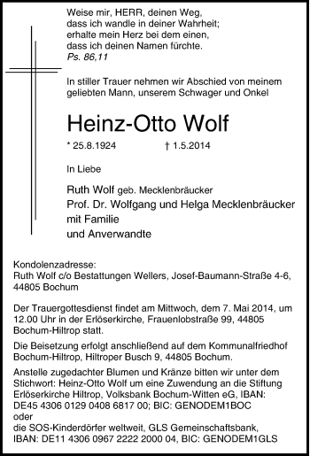 Traueranzeige von Heinz-Otto Wolf von Tageszeitung
