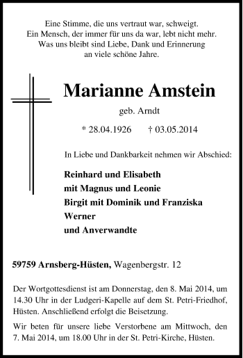 Traueranzeige von Marianne Amstein von Tageszeitung