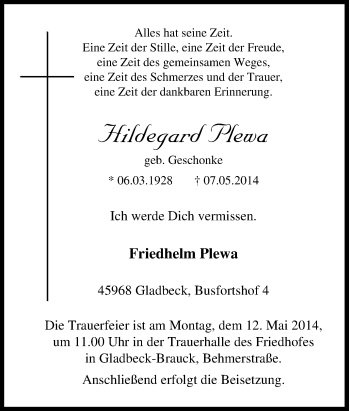 Traueranzeige von Hildegard Plewa von Tageszeitung