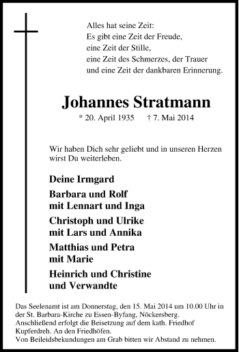 Traueranzeige von Johannes Stratmann von Tageszeitung