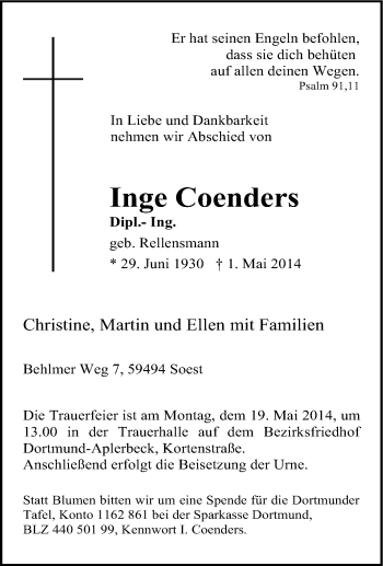 Traueranzeige von Inge Coenders von Tageszeitung