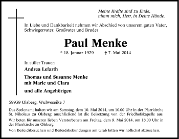 Traueranzeige von Paul Menke von Tageszeitung