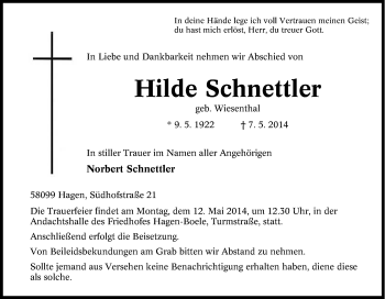 Traueranzeige von Hilde Schnettler von Tageszeitung