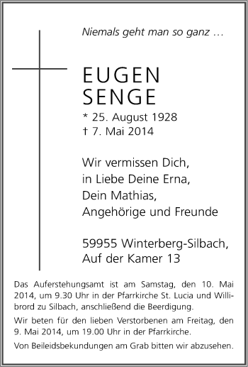 Traueranzeige von Eugen Senge von Tageszeitung