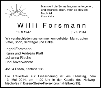 Traueranzeige von Willi Forsmann von Tageszeitung