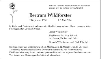 Traueranzeige von Bertram Wildförster von Tageszeitung