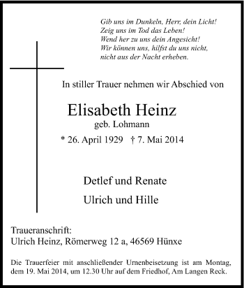 Traueranzeige von Elisabeth Heinz von Tageszeitung