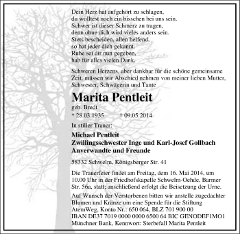 Traueranzeige von Marita Pentleit von Tageszeitung