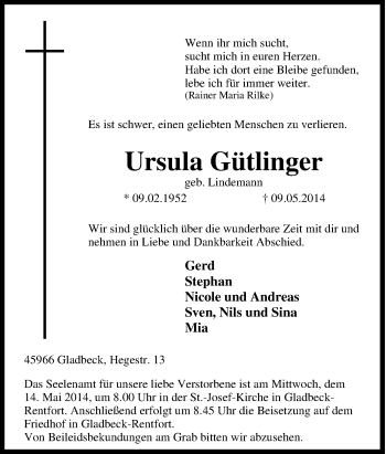 Traueranzeige von Ursula Gütlinger von Tageszeitung