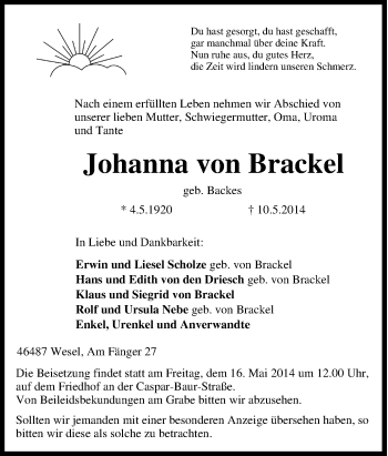 Traueranzeige von Johanna von Brackel von Tageszeitung