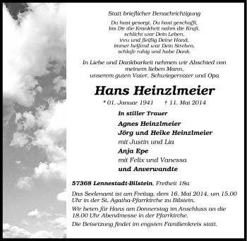 Traueranzeige von Hans Heinzlmeier von Tageszeitung