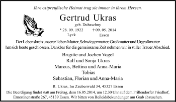 Traueranzeige von Gertrud Ukras von Tageszeitung