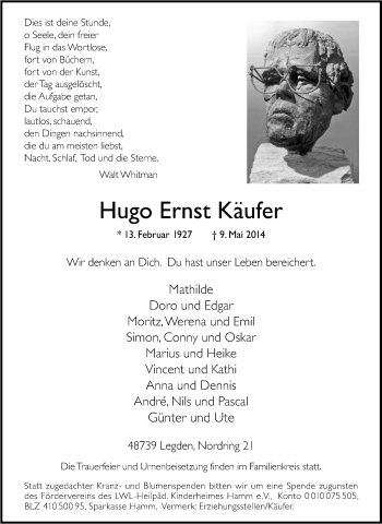 Traueranzeige von Hugo Ernst Käufer von Tageszeitung