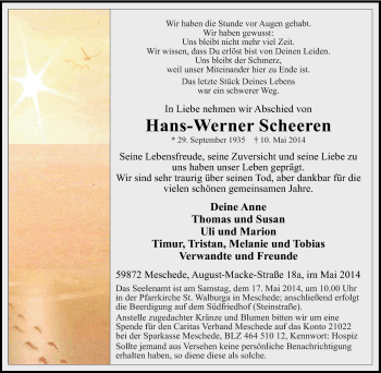 Traueranzeige von Hans-Werner Scheeren von Tageszeitung