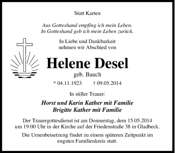 Traueranzeige von Helene Desel von Tageszeitung