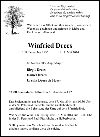 Traueranzeige von Winfried Drees von Tageszeitung