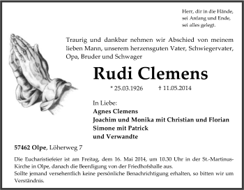 Traueranzeige von Rudi Clemens von Tageszeitung