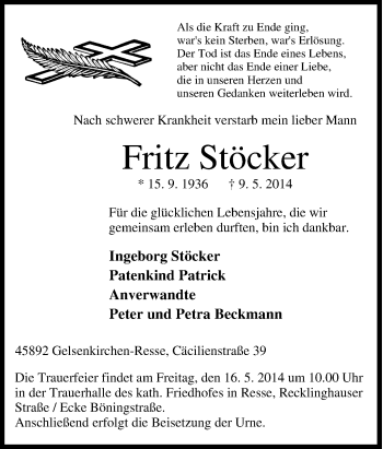 Traueranzeige von Fritz Stöcker von Tageszeitung