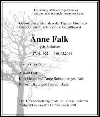 Traueranzeige von Änne Falk von Tageszeitung
