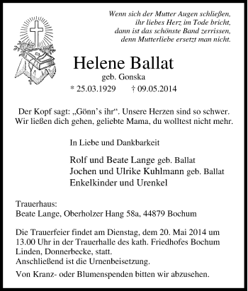 Traueranzeige von Helene Ballat von Tageszeitung