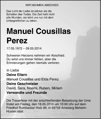 Traueranzeige von Manuel Cousillas Perez von Tageszeitung