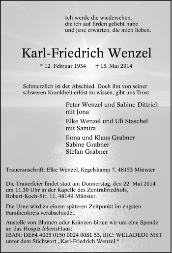 Traueranzeige von Karl-Friedrich Wenzel von Tageszeitung