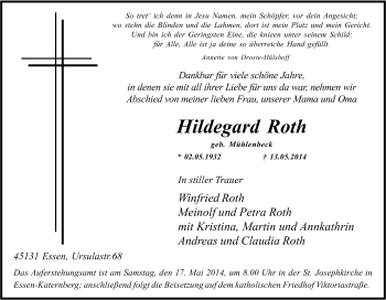Traueranzeige von Hildegard Roth von Tageszeitung
