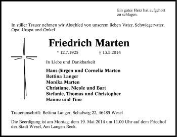 Traueranzeige von Friedrich Marten von Tageszeitung